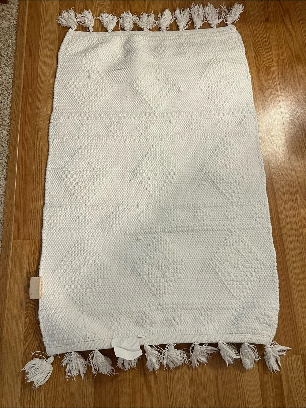 Rachel Zoe white accent rug w/ diamond-lattice texture & tassels 24 x 27